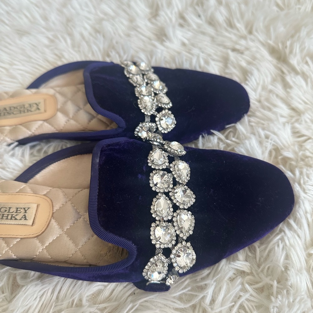 Badgley Mischka Blue Velvet Crystal Embellished Mules